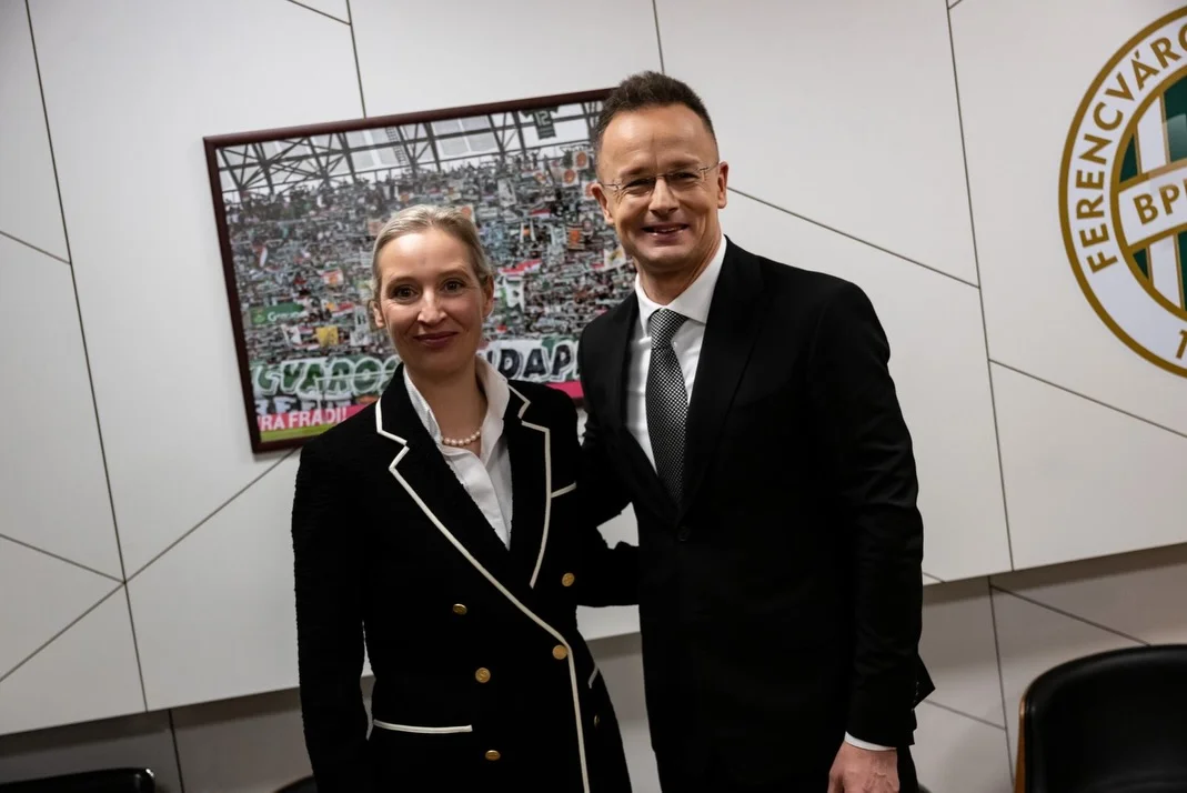 Photo shared by Alice Weidel on February 17, 2026 tagging @peter_szijjarto. May be an image of suit, office and text.