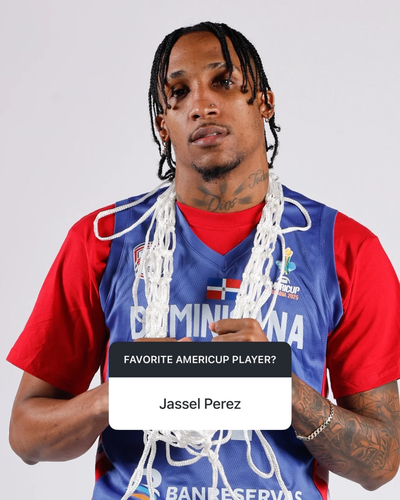 Photo shared by FIBA AmeriCup on March 16, 2026 tagging @rdbseleccion, @fedombal, and @jasselperez11. May be a graphic of basketball jersey, sports equipment, sportswear, magazine and text that says 'CMINE MMTNA MIN' RICUP 2025 NA FAVORITE AMERICUP PLAYER? Jassel Perez BANI BANRASERVAC ESERVS'.