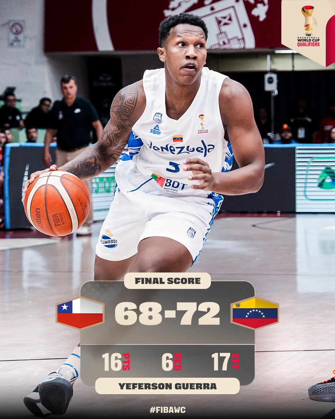 Photo shared by FIBA Basketball World Cup on March 02, 2026 tagging @americup, and @fvb.basketball. May be an image of basketball and text that says 'WORLD'CUP TD QUALIFIERS A MEAK 品 JaNezue)a JoNe uela 3 SSTE BDT e 感 LAMROSE FINALSCORE FINAL SCORE 68-72 1686817$ ස 16품 6 17# YEFERSON YEFERSONGUERR GUERRA #FIBAWC'.