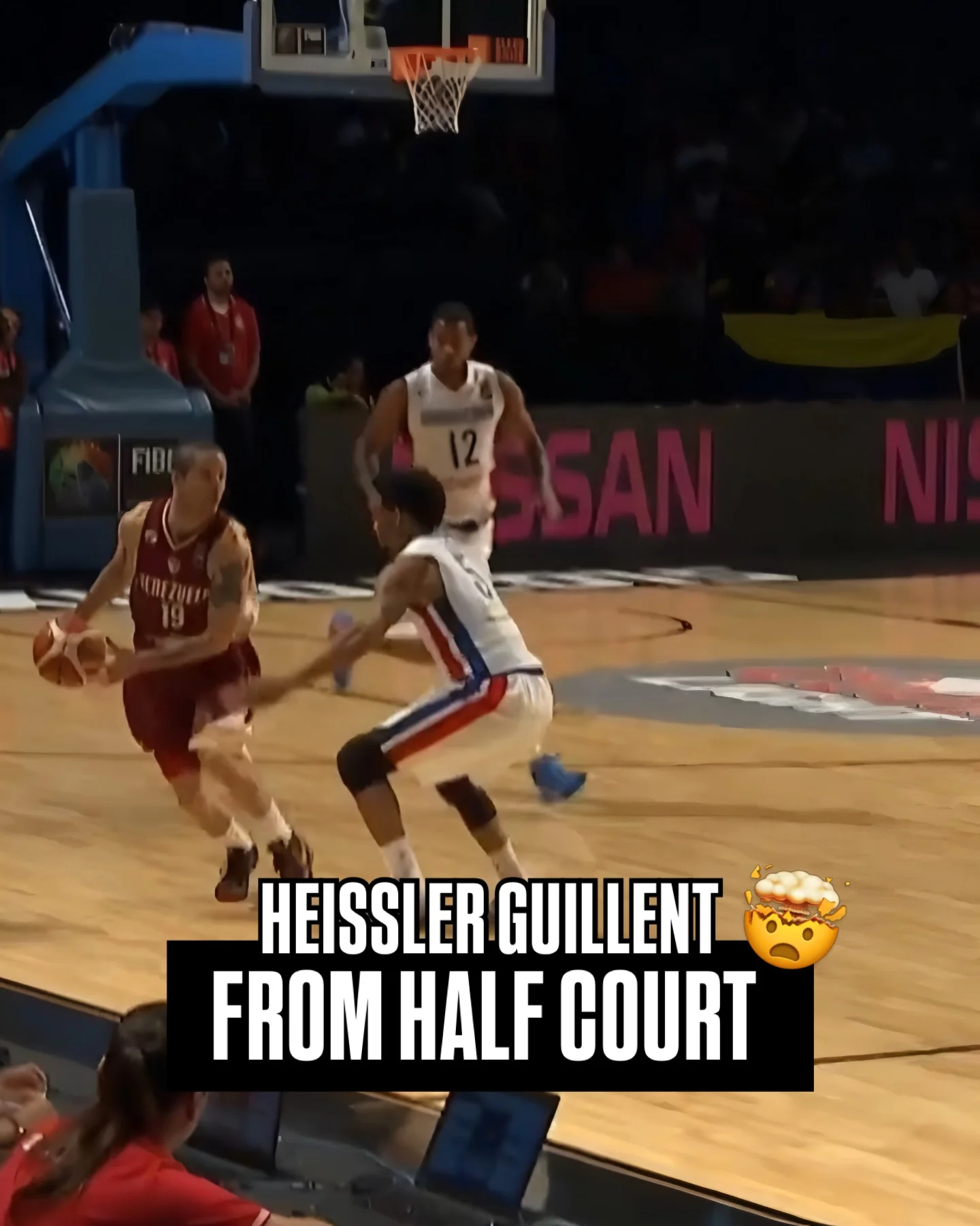 Photo shared by FIBA AmeriCup on March 18, 2026 tagging @hguillent19, and @fvb.basketball. May be an image of basketball, ball, backboard, basketball court and text that says 'N HEISSLERGUILLENT HEISSLER GUILLENT FROM HALF COURT'.